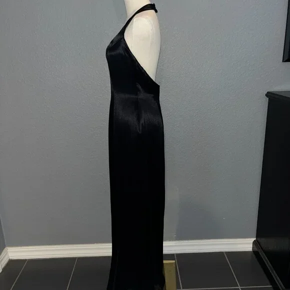 VINTAGE NADINE BLACK SATIN BACKLESS HALTER MAXI GOWN POCKETS Made in USA NWT - 9 - Picture 10 of 14